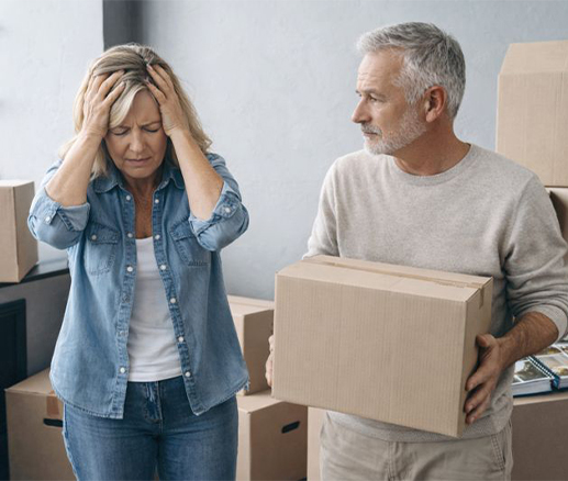 Man and Woman sorting photo albums and boxes, feeling overwhelmed